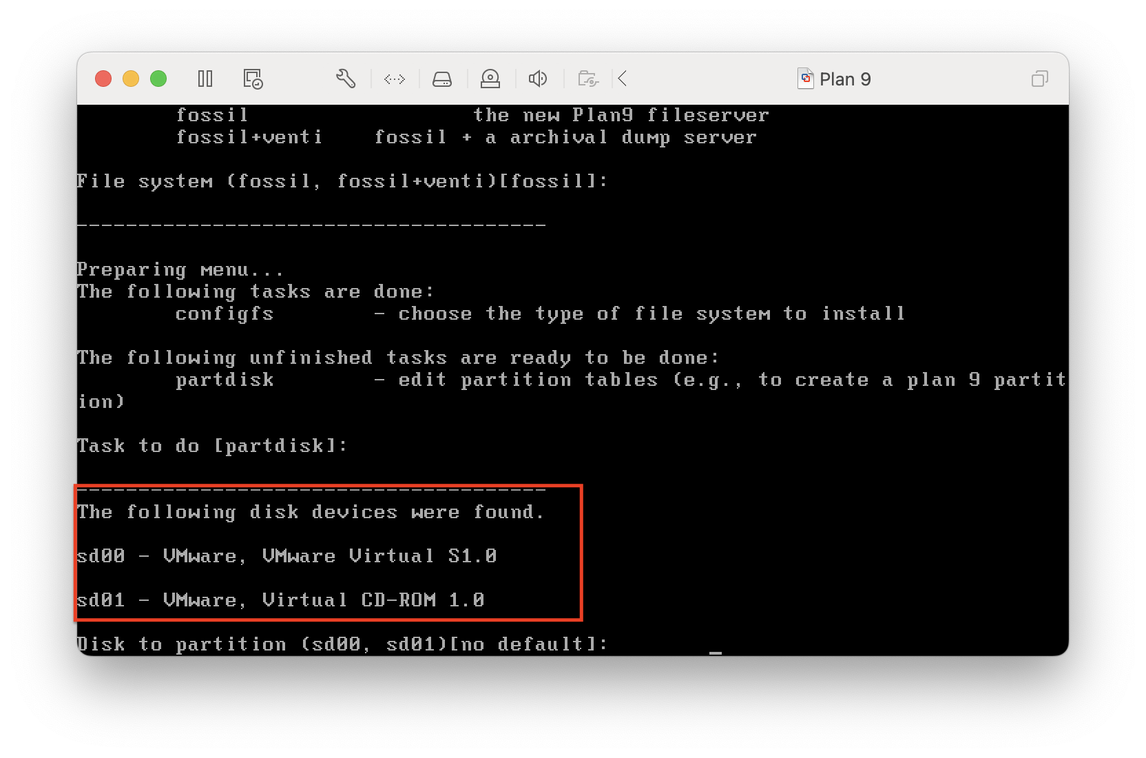 `sd00` represents the virtual hard disk generated by the VM, and `sd01` represents the virtual optical drive of `plan9.iso`