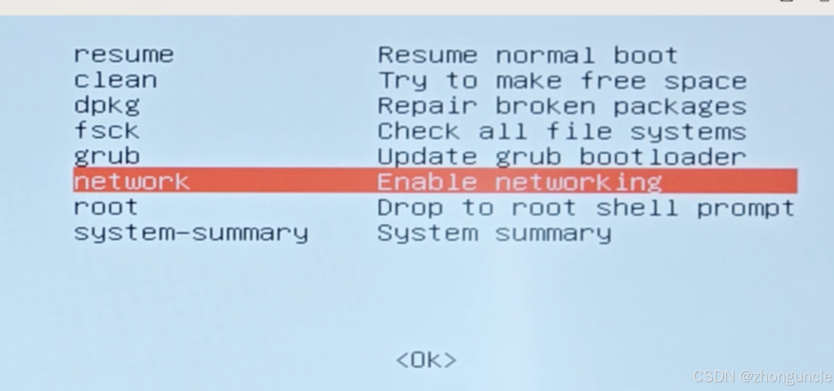 GRUB recovery mode menu