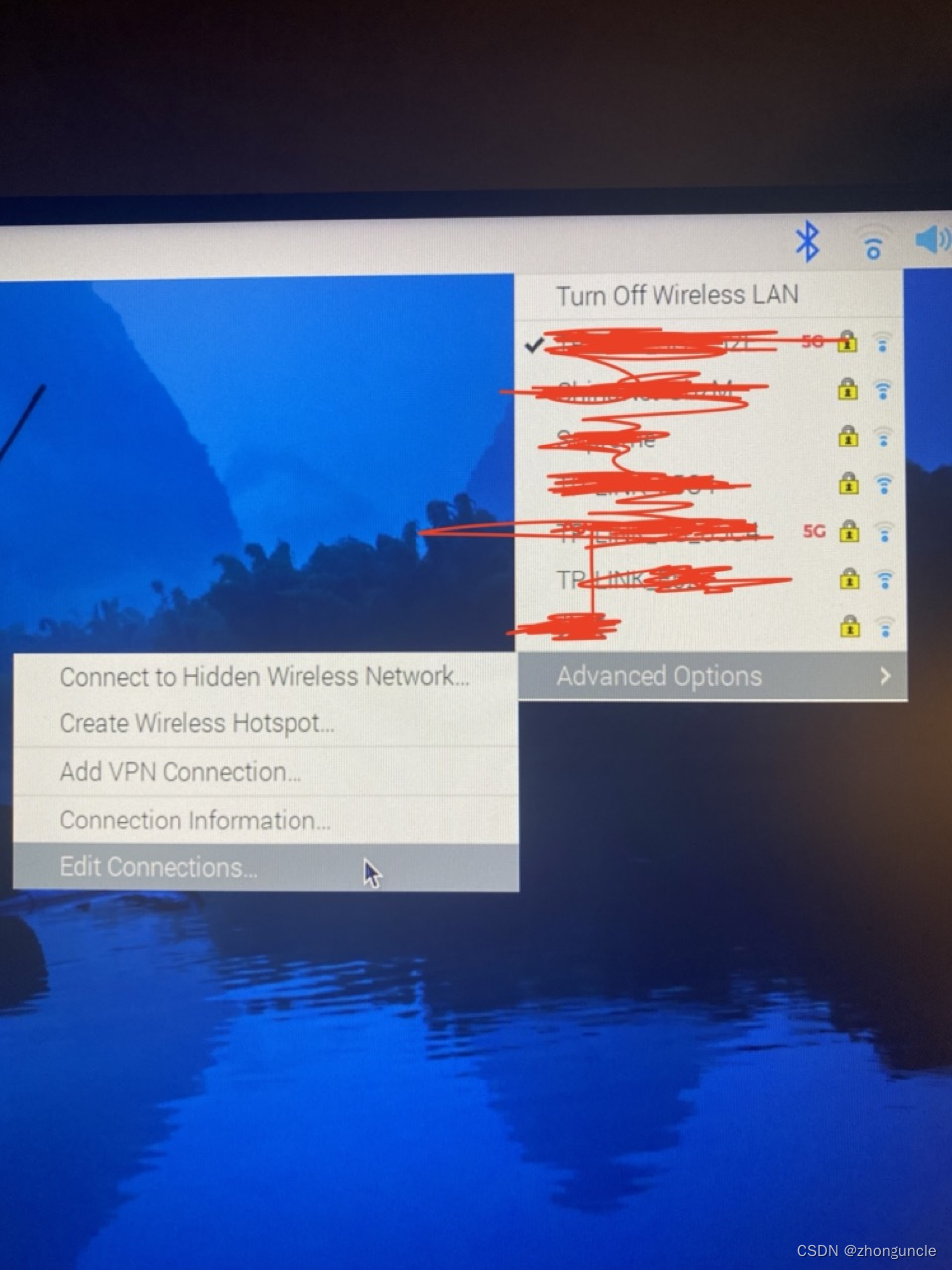 Raspbian network menu with 'Edit Connection...' selected