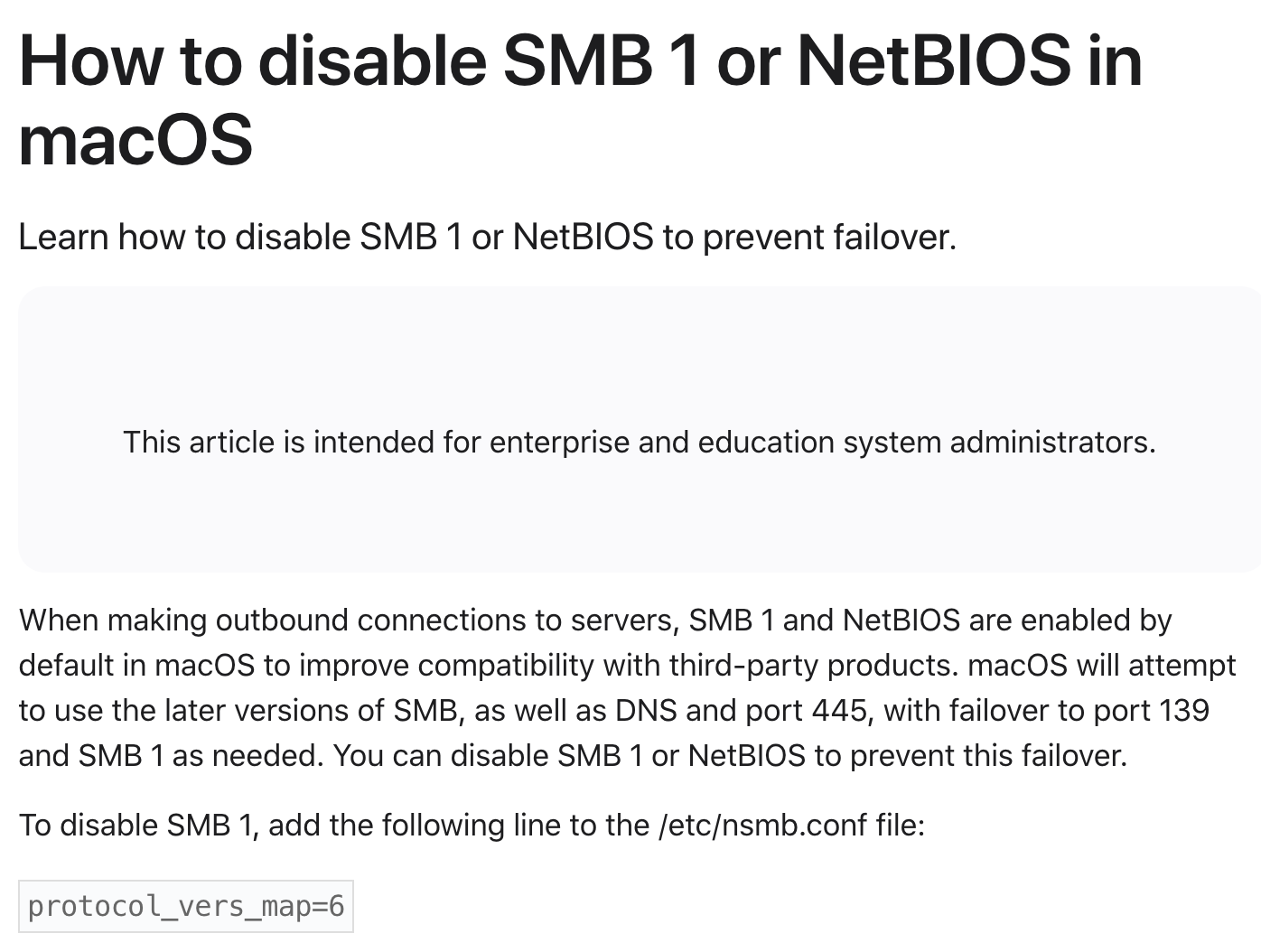 Screenshot from Apple Support showing SMB 1 disable steps