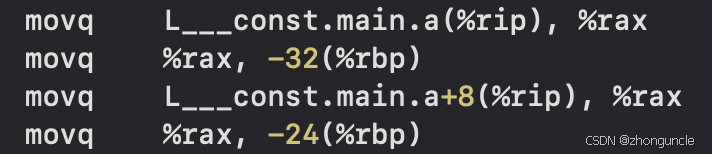 Clang assembly output showing floating-point array stored in memory
