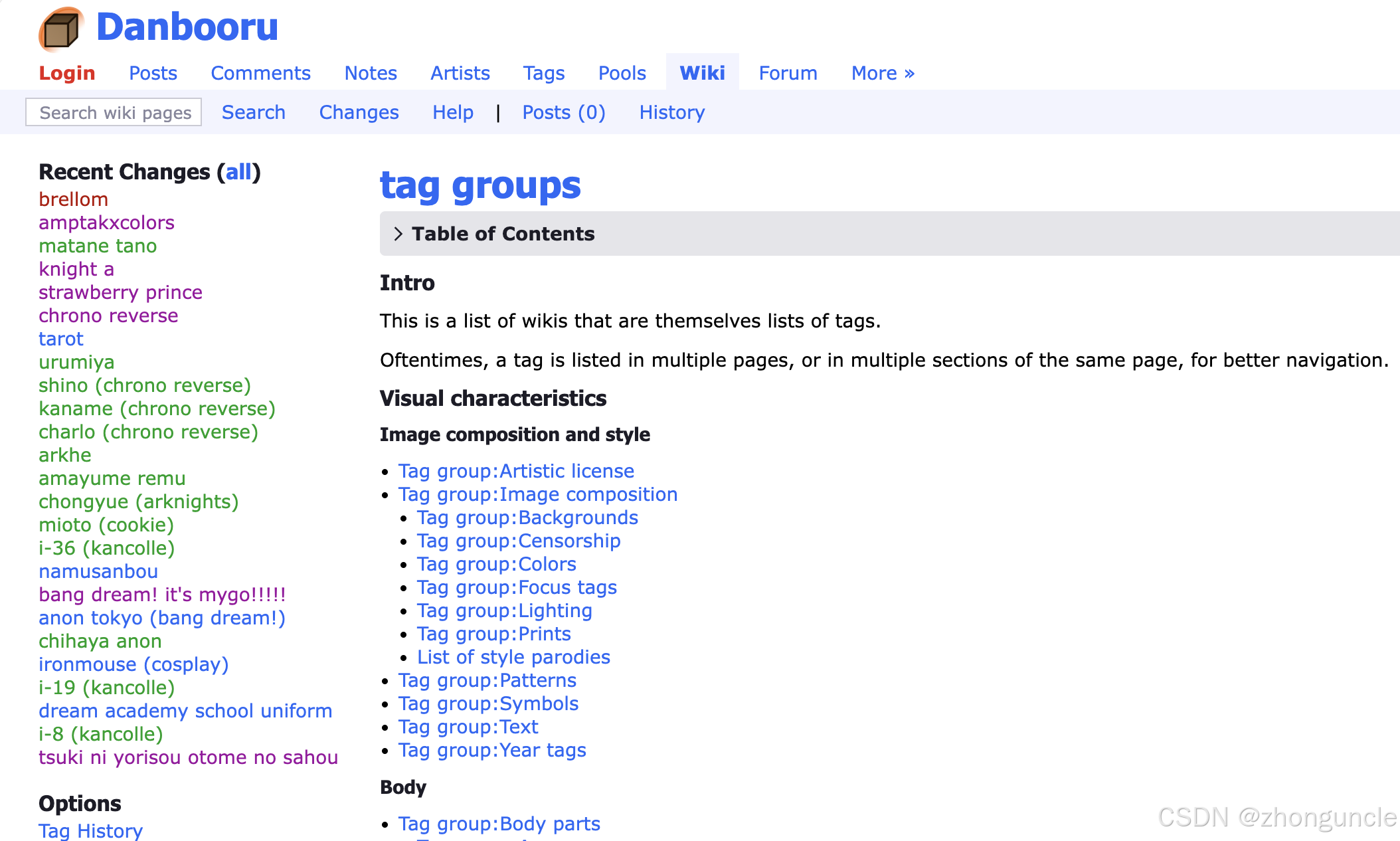 Danbooru tags homepage