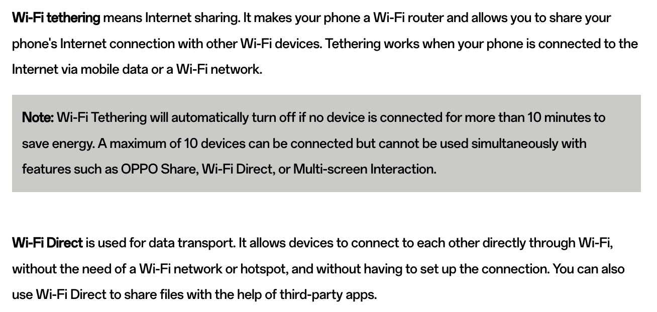 OPPO's explanation of Wi-Fi Direct vs. Wi-Fi Tethering