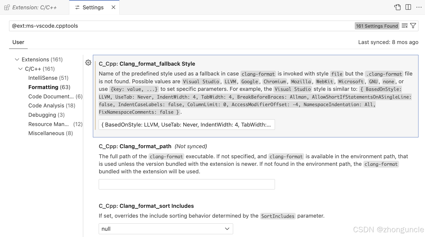 Formatting section in VS Code C/C++ extension settings