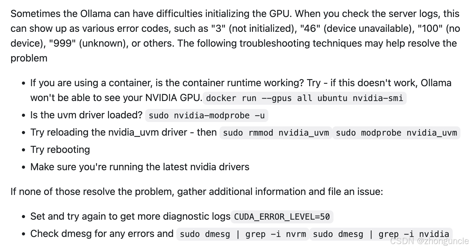 Ollama Linux NVIDIA troubleshooting steps from official documentation