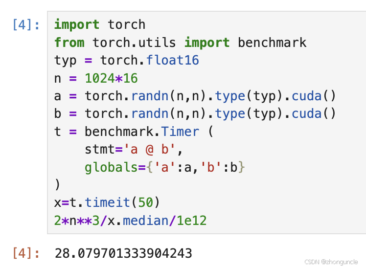 FP16 benchmark result (28.08 TFLOPS) at default settings