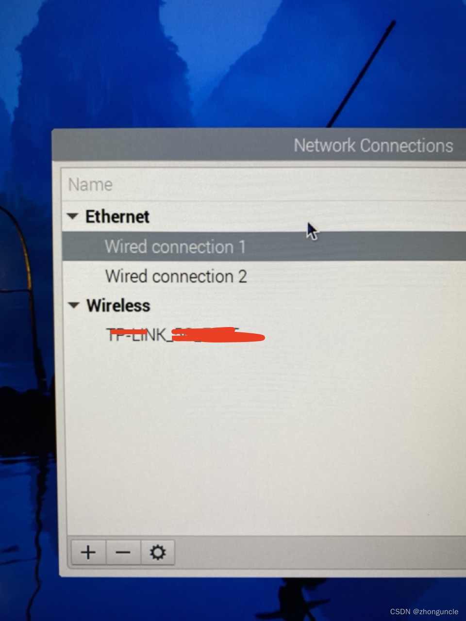 Connection list showing 'Wired connection 1'