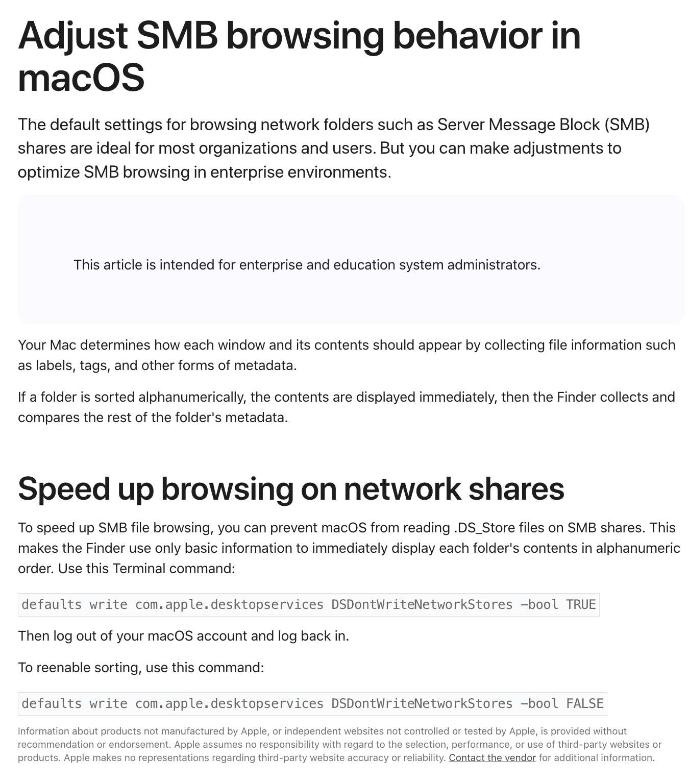 Screenshot from Apple Support showing SMB browsing adjustment