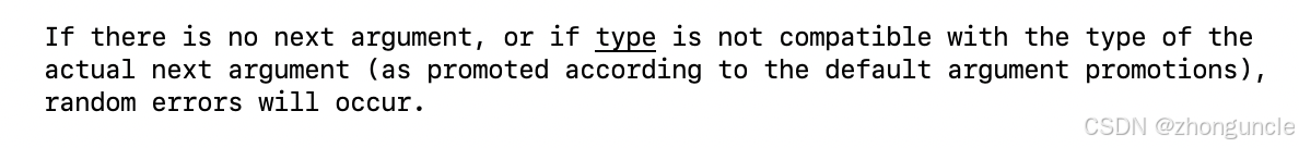 stdarg manual page warning about undefined behavior for type mismatch