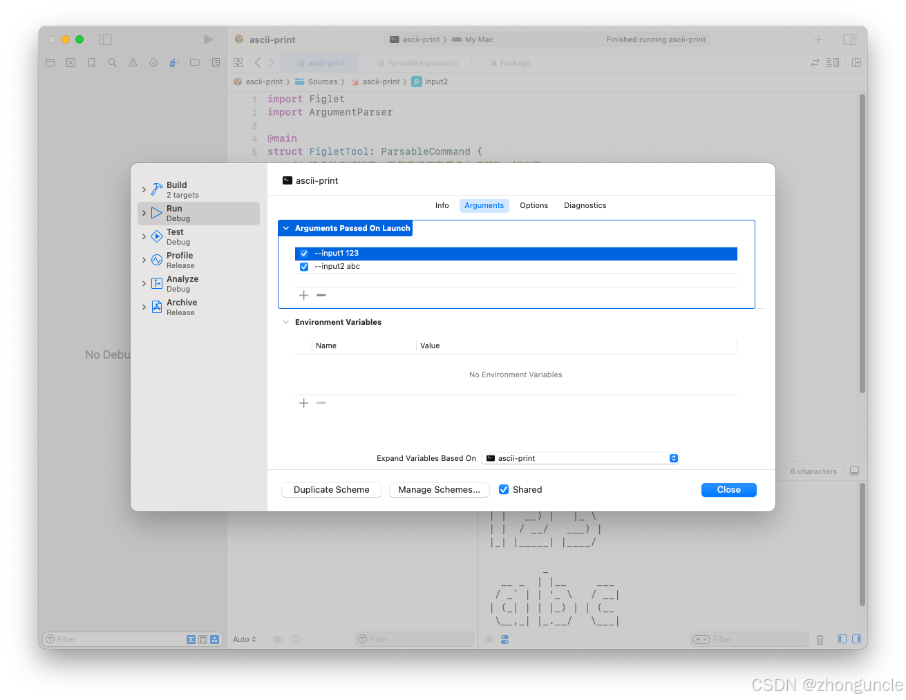 Xcode Scheme settings for adding options and arguments